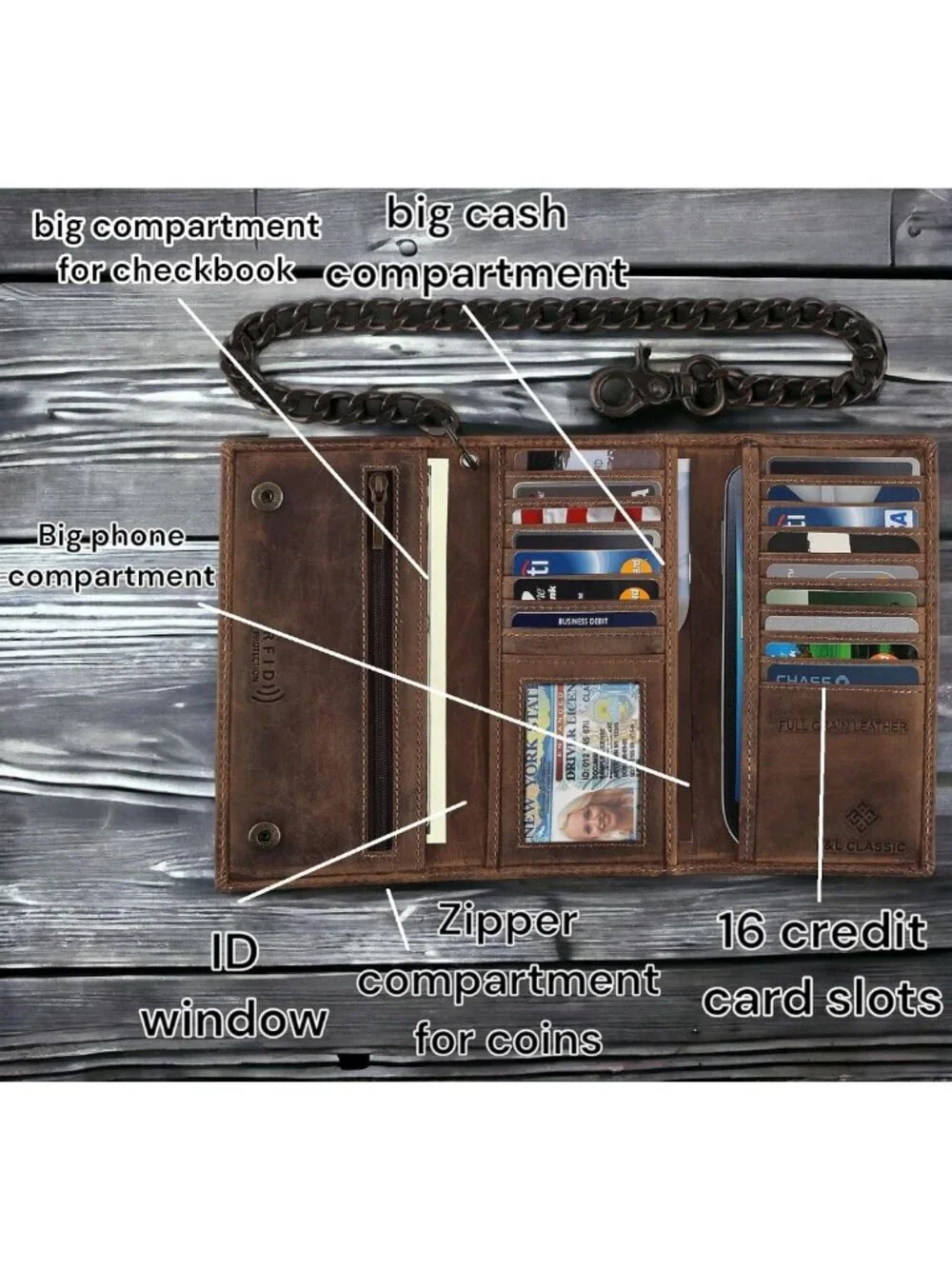 Classic RFID Blocking Men's Tri-Fold Leather Wallet with Steel Chain - Brown